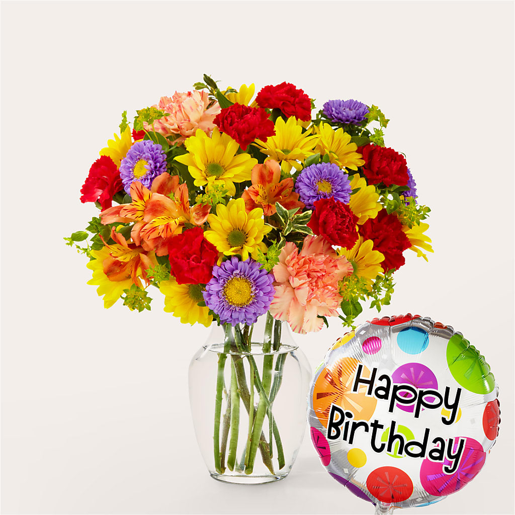 Kaleidoscope Bouquet with Birthday Balloon – DANI' SWEET DELIGHTS, Las Vegas NV