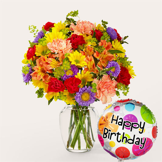 Kaleidoscope Bouquet with Birthday Balloon – DANI' SWEET DELIGHTS, Las Vegas NV