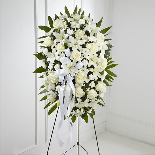 Exquisite Tribute Standing Spray-White Ribbon – DANI' SWEET DELIGHTS, Las Vegas NV