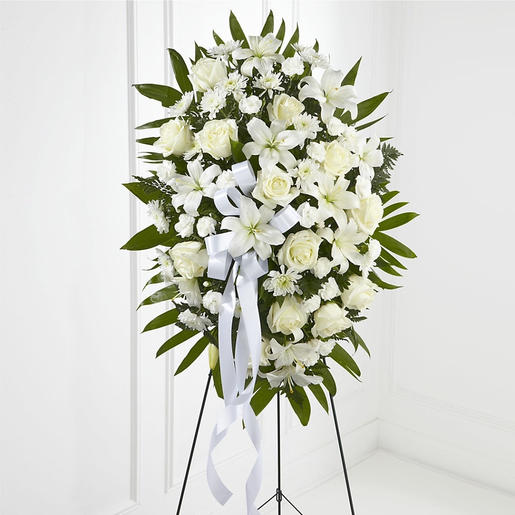 Exquisite Tribute Standing Spray-White Ribbon – DANI' SWEET DELIGHTS, Las Vegas NV