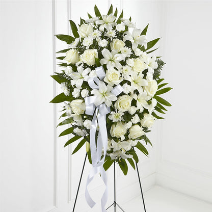 Exquisite Tribute Standing Spray-White Ribbon – DANI' SWEET DELIGHTS, Las Vegas NV