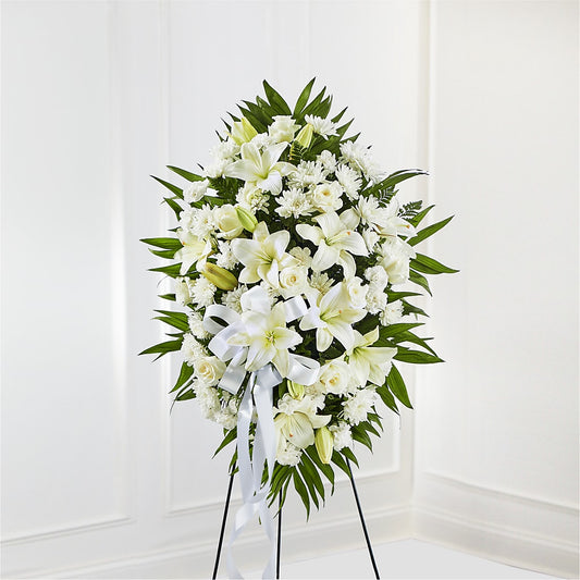 Exquisite Tribute Standing Spray-White Ribbon – DANI' SWEET DELIGHTS, Las Vegas NV
